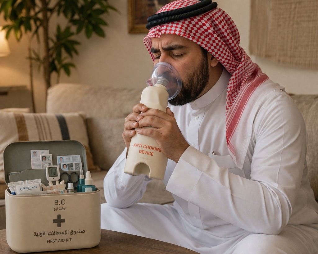 عرض لجهاز مضاد للاختناق مع صندوق إسعافات أولية Safe+ في بيئة منزلية